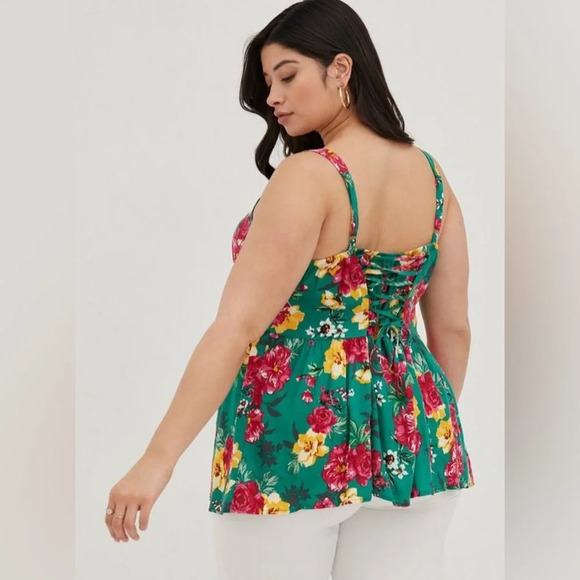 Torrid Fit And Flare Rayon Slub Lace-Up Back Tank Floral Green Women Size 1X - Picture 1 of 9